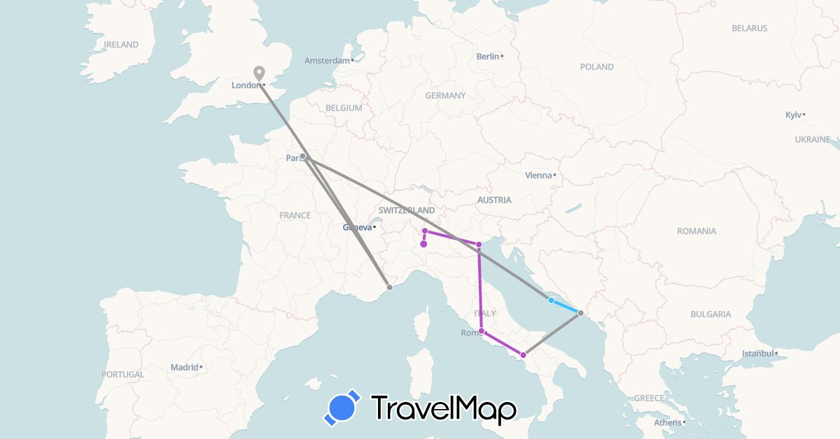 TravelMap itinerary: plane, train, boat in France, United Kingdom, Croatia, Italy (Europe)